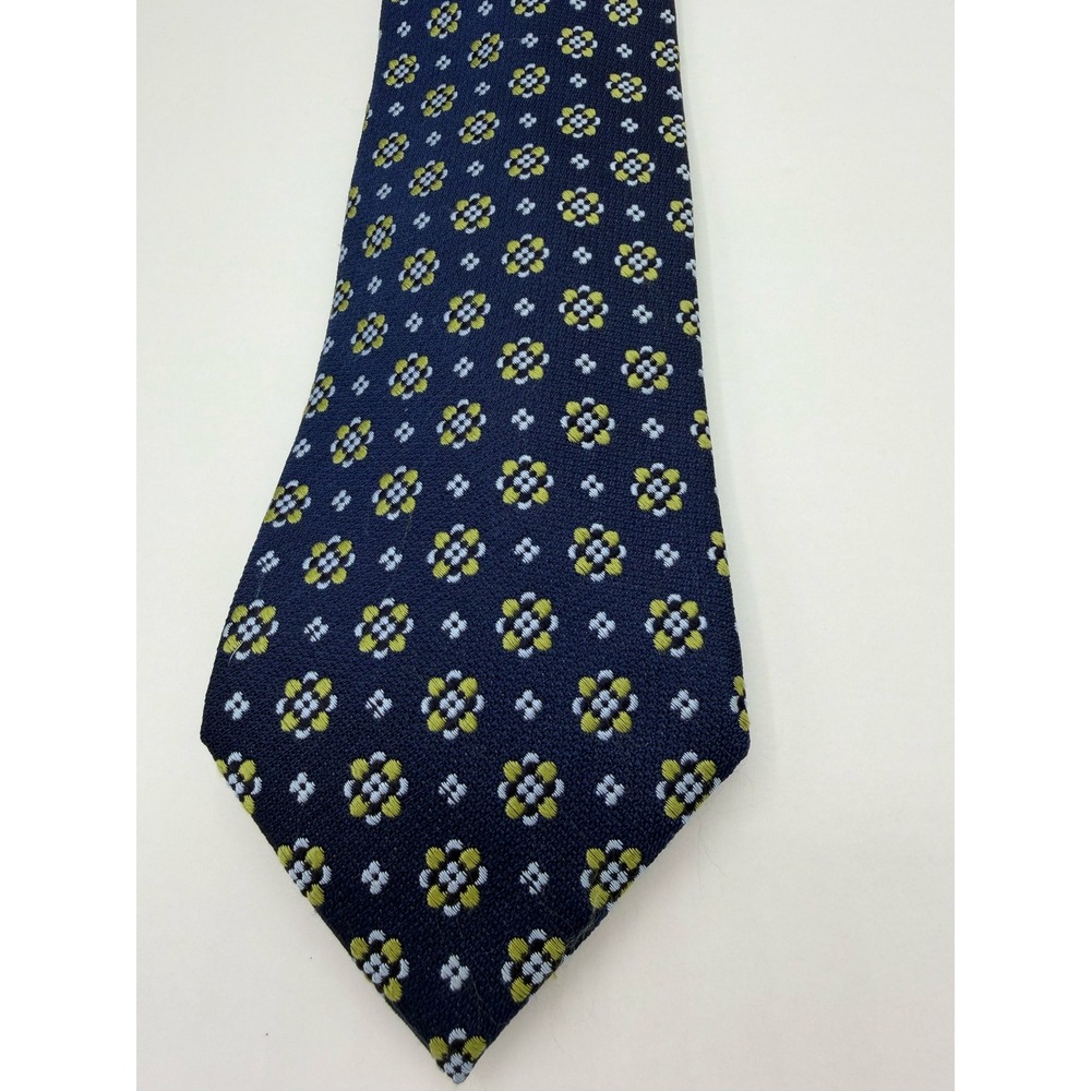 Joseph Abboud Mens Silk Necktie Navy Blue Yellow Floral Medallion Geometric Tie
